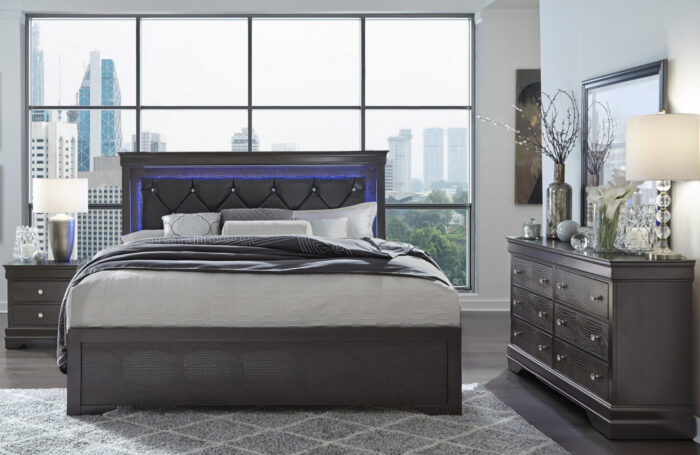 POMPEI METALLIC GREY KING BED GROUP WITH LED