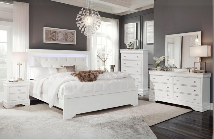 POMPEI METALLIC WHITE FULL BED GROUP WITH LED