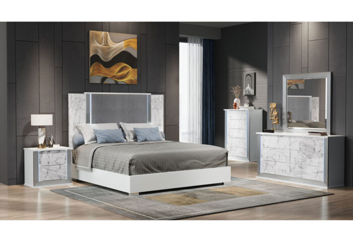 YLIME WHITE MARBLE QUEEN BED GROUP FULLY SLATTED