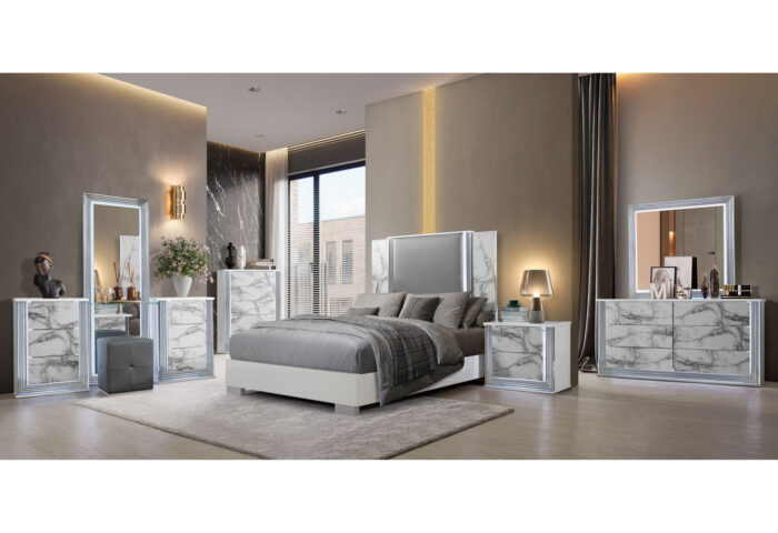 YLIME WHITE MARBLE KING BED GROUP FULLY SLATTED WITH VANITY SET