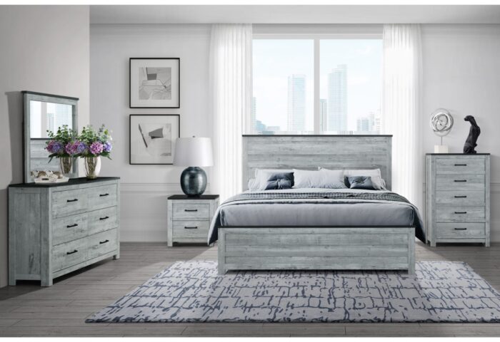 OZARK GREY WASH QUEEN BED, DRESSER, MIRROR AND NIGHTSTAND