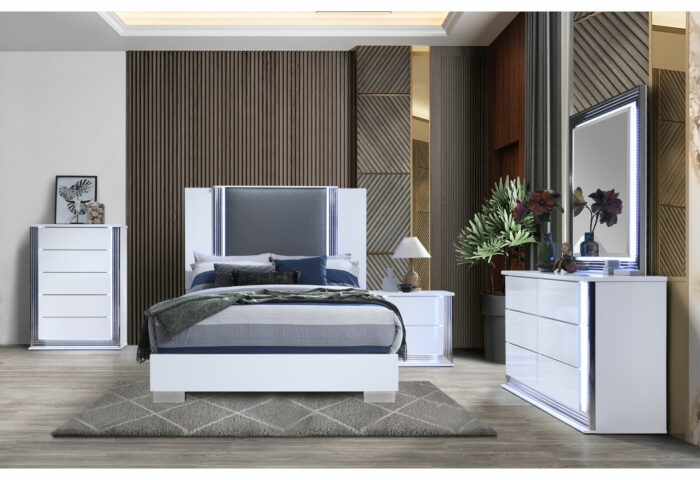 YLIME SMOOTH WHITE QUEEN BED GROUP FULLY SLATTED W/ VANITY SET